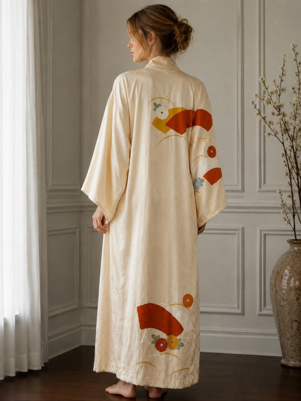 Authentic Japanese Cream Kimono with Orange & Gold Floral Accents 👘 - Picture 2 of 6